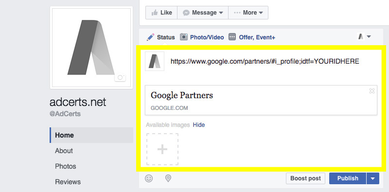 adwords-certification-facebook-page-shared-url-optimization